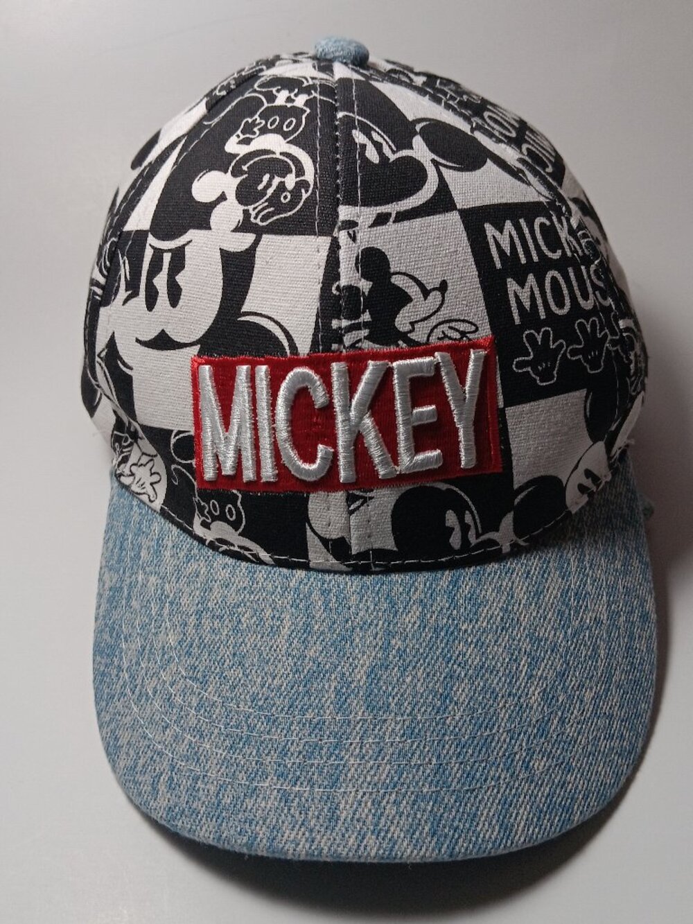 Mickey Mouse style snapback hat black white comic print Denim Brim